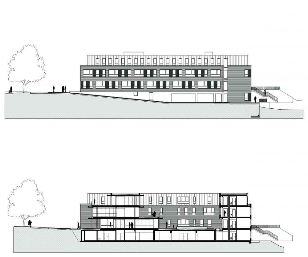 plan de la façade sud et coupe longitudinale